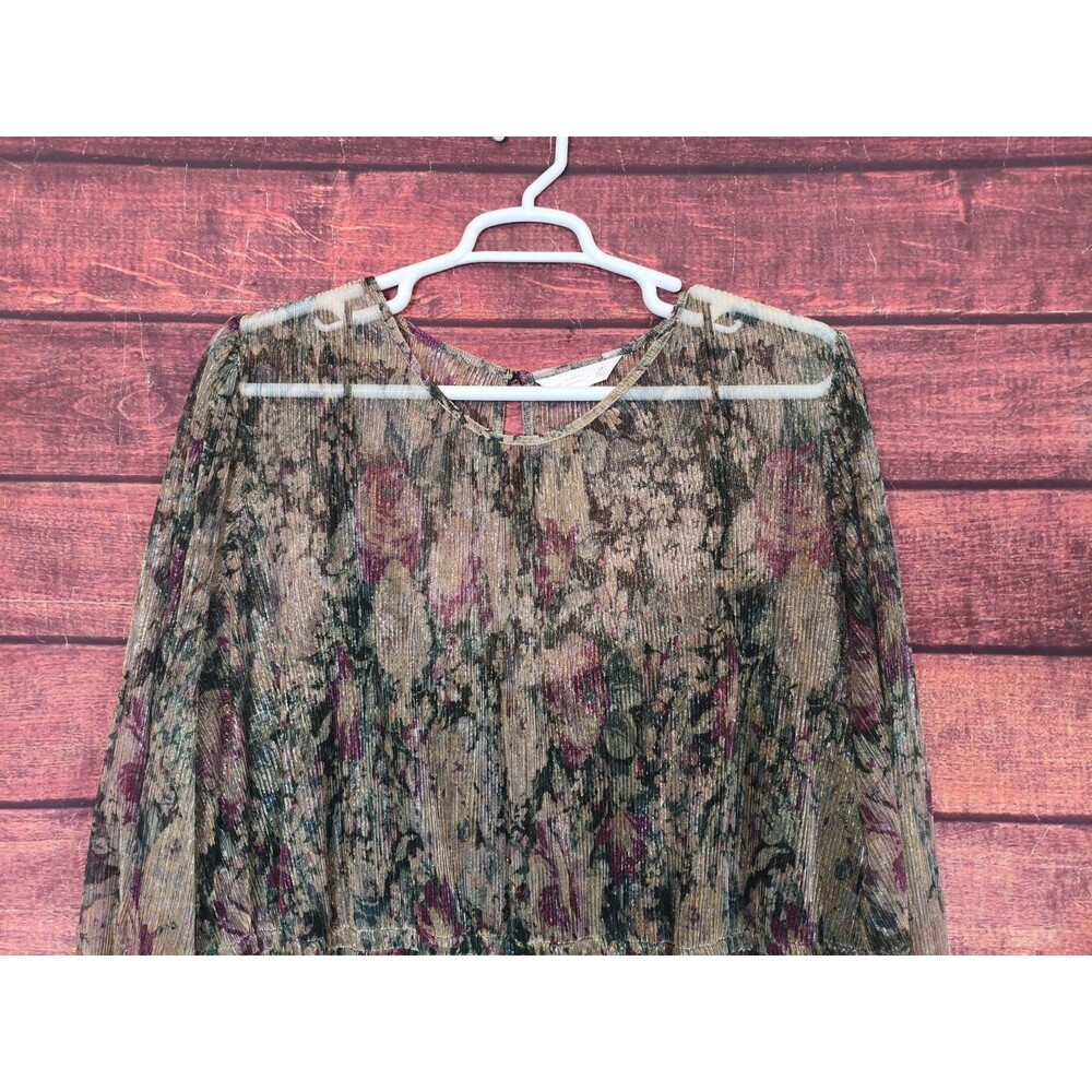LC Lauren Conrad Sz 3X Floral Gold Metall Chiffon Sheer Sleeve Tiered Mini Dress - Picture 9 of 10